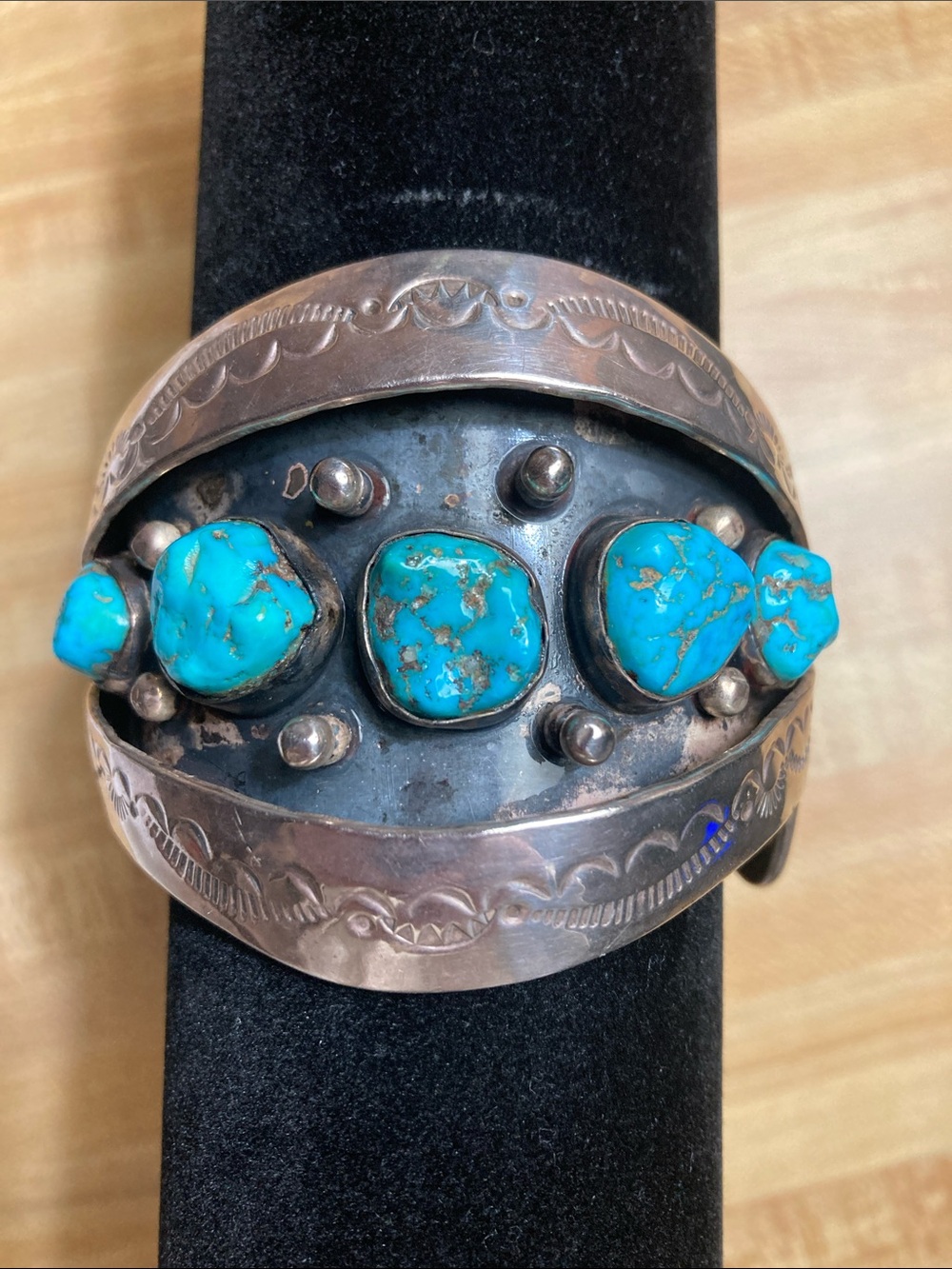 Vintage Turquoise Stone Sterling Silver Cuff Bracelet - Blue